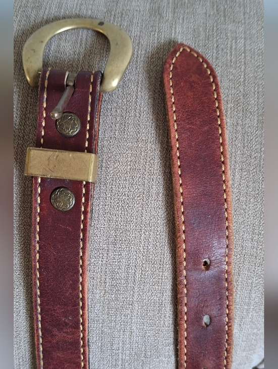 Holland  Vintage 90\' Rare Burgundy Leather Belt, Size 32, Rustic Brass Buckle. main image 10